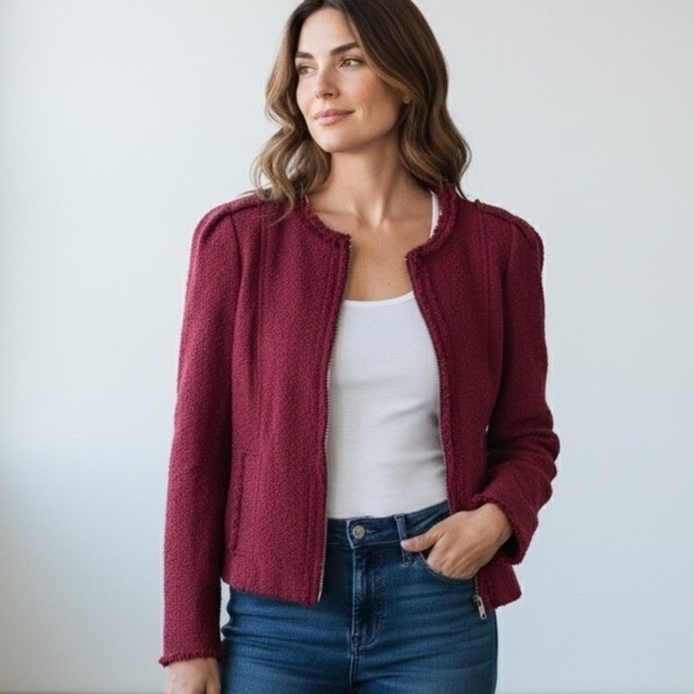 Cabi‎ Zip Up Boucle Fringe Jacket Women 6 Burgundy Moto Style Fringe